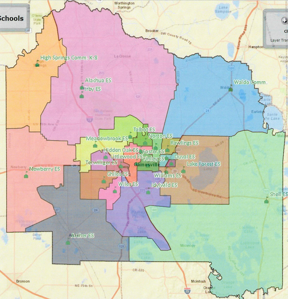 map of Elementary schools in Alachua County, FL (source: schoolsiteonline.com)