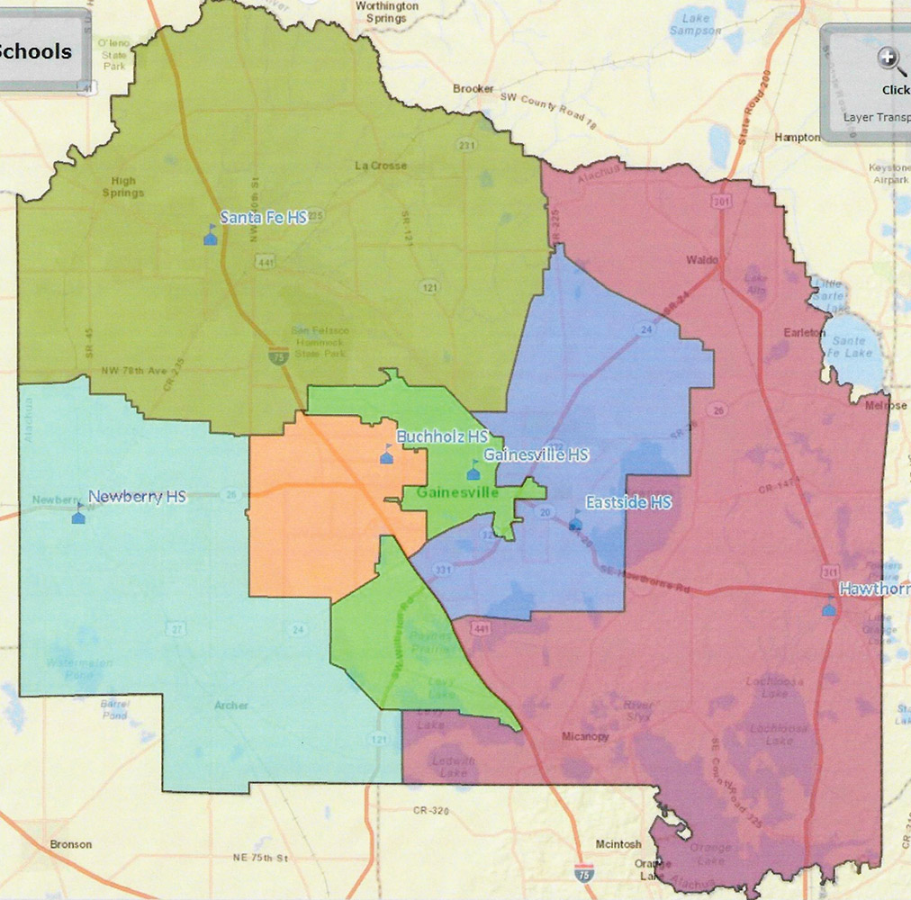map of high schools in Alachua County, FL (source: schoolsiteonline.com)